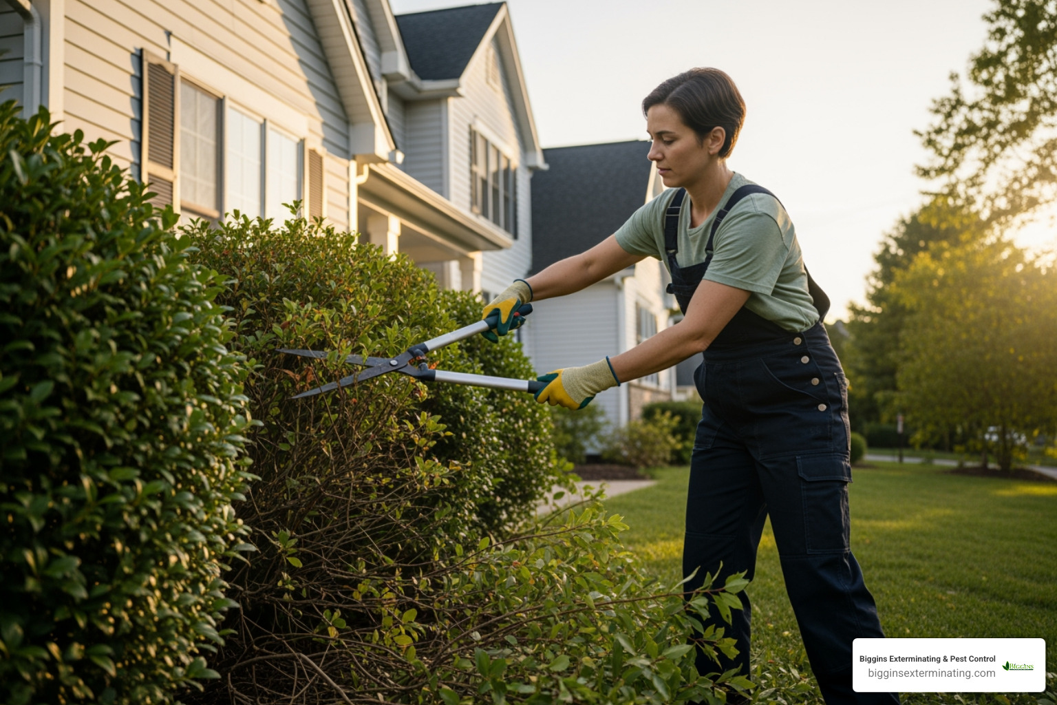 Image of a homeowner trimming shrubs away from their house siding - Ant exterminator Bedford MA