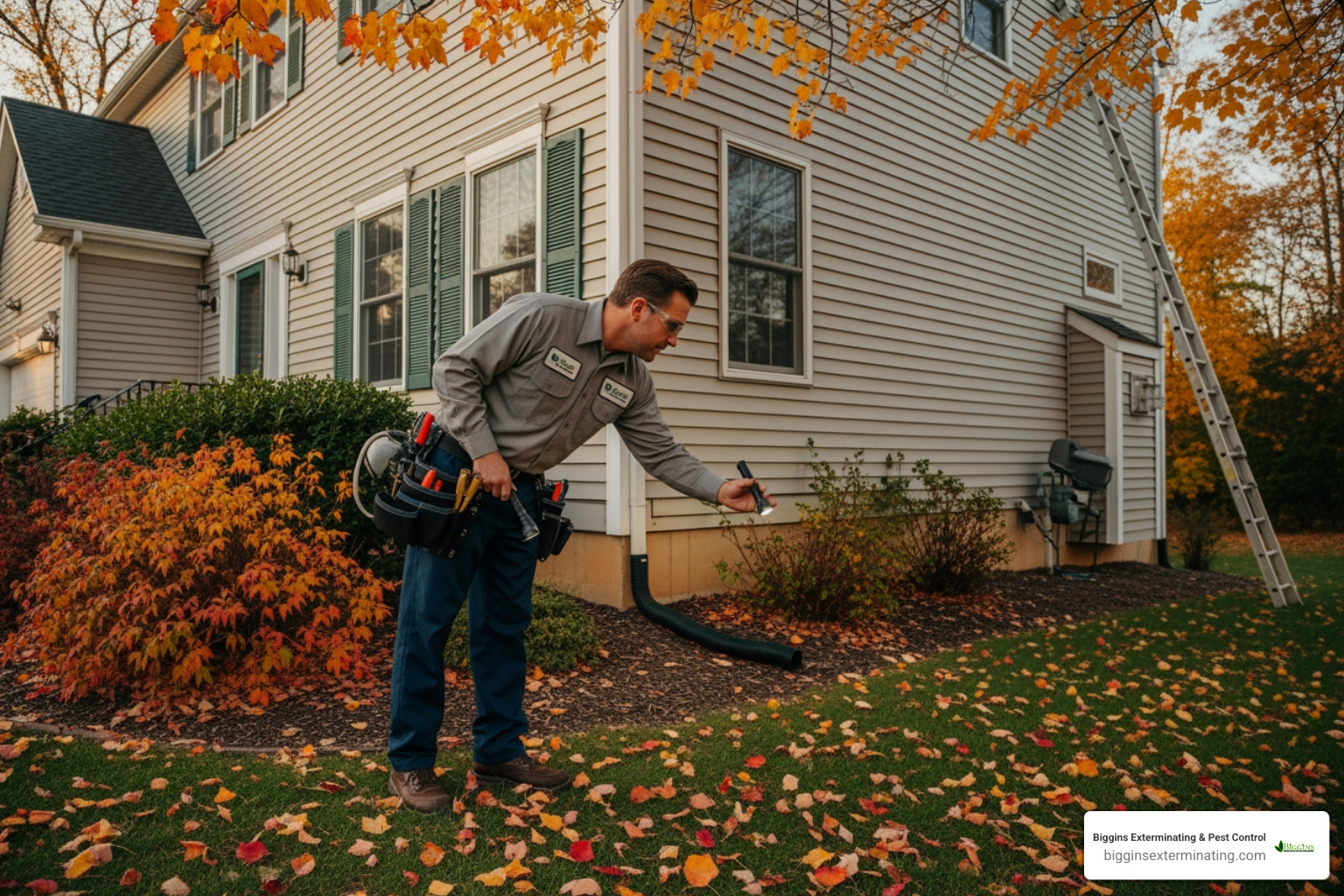 professional pest control technician inspecting the exterior of a home in autumn - general pest treatment