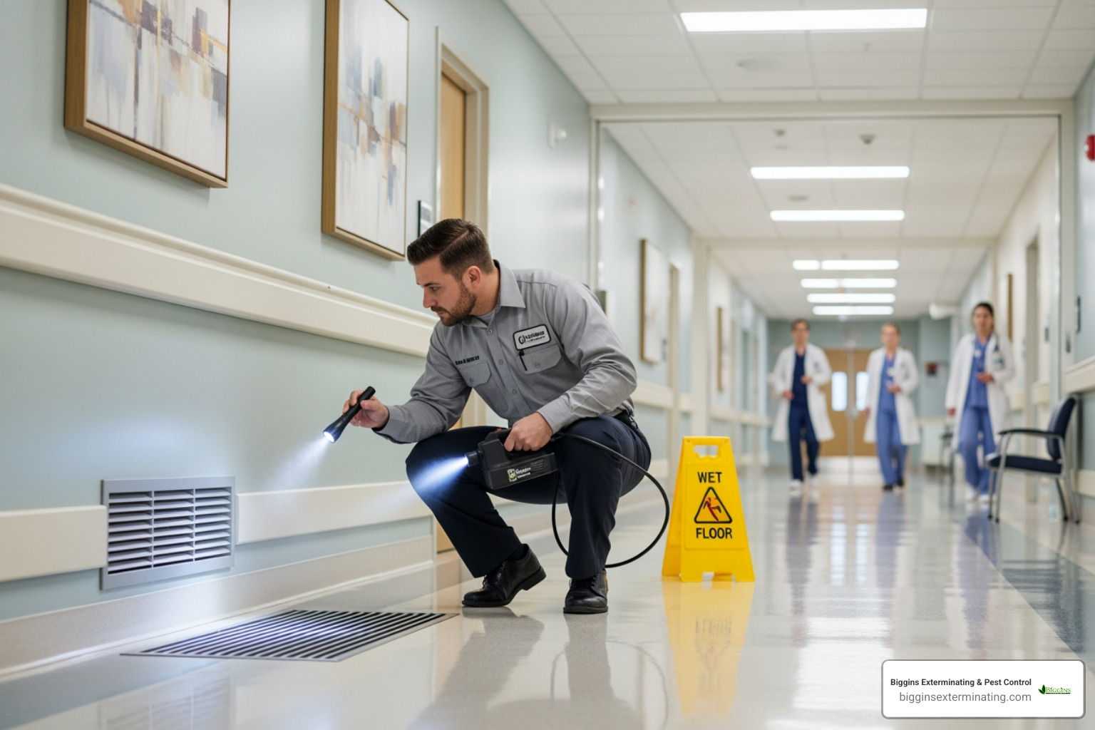technician discreetly servicing a healthcare facility - commercial pest control lexington ma
