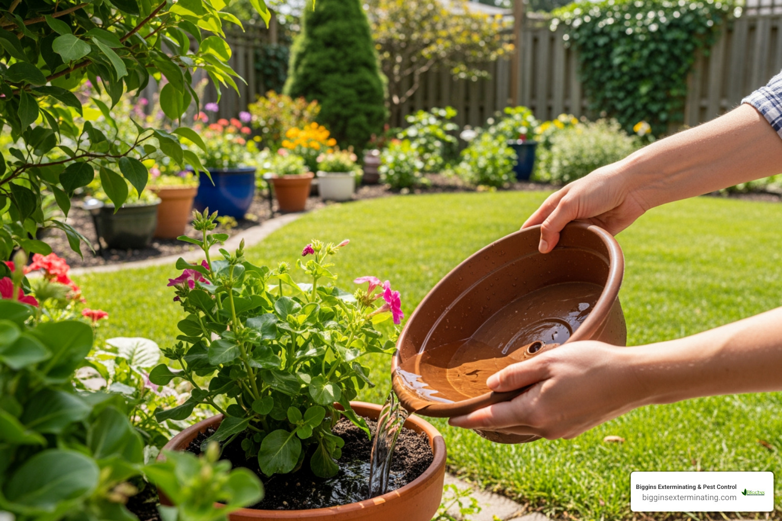 Homeowner emptying standing water from a flowerpot saucer - Mosquito control Reading MA