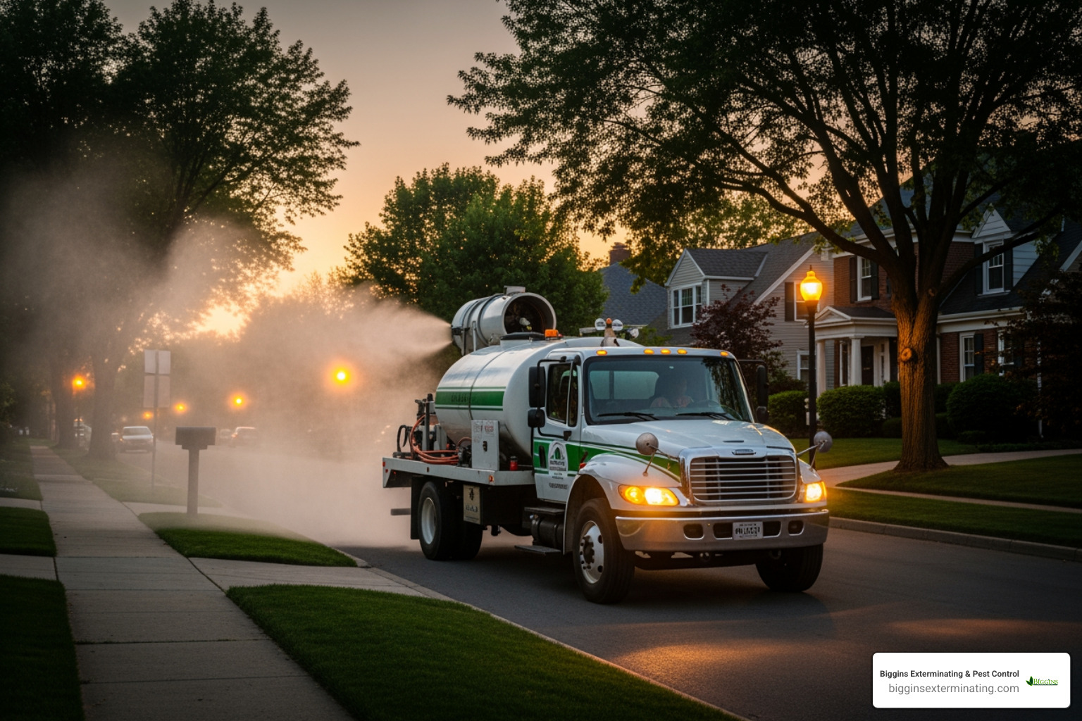 Municipal mosquito control truck spraying at dusk - Mosquito control Reading MA