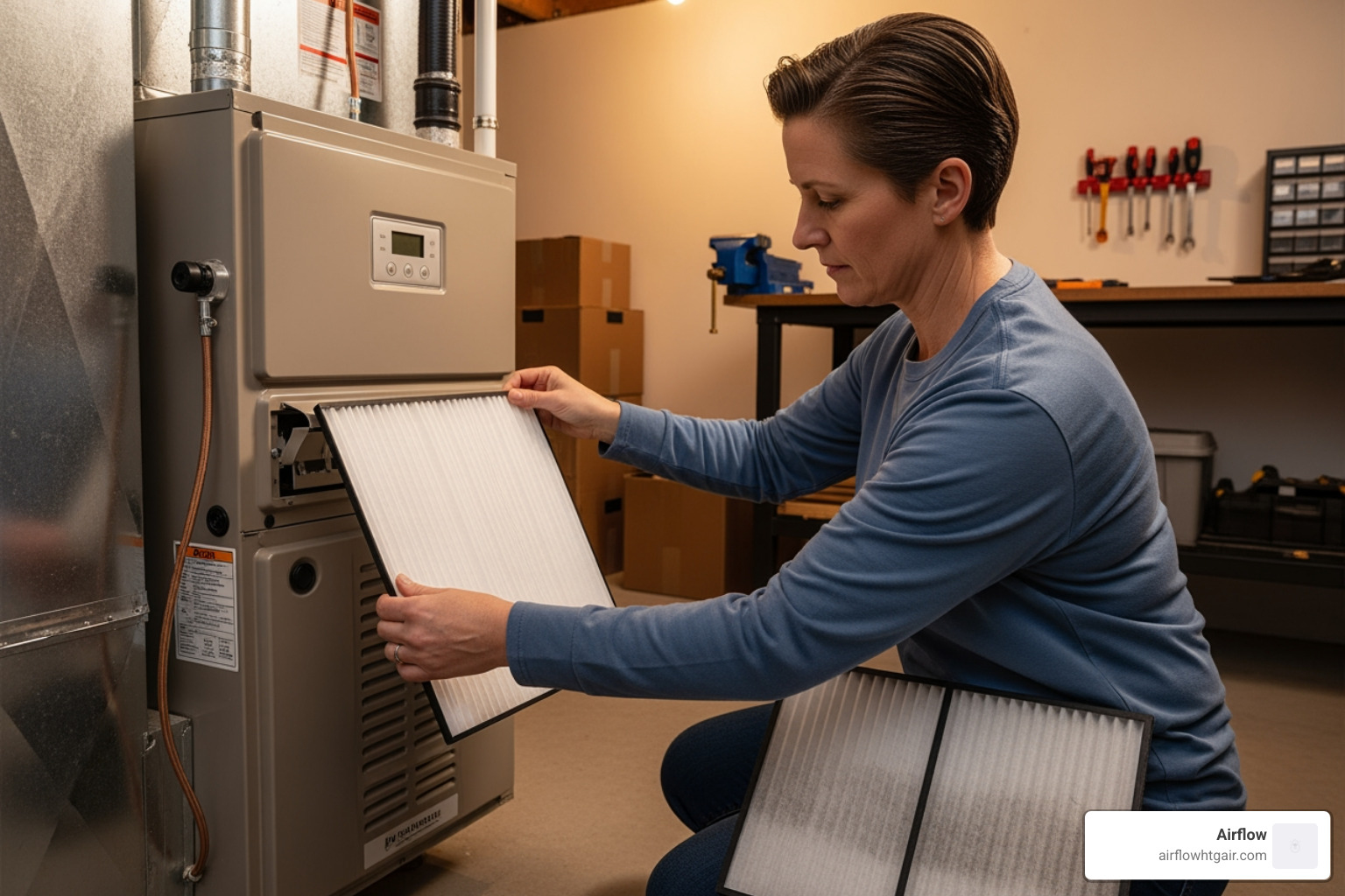a homeowner changing a clean furnace filter - affordable furnace repair charlottesville va