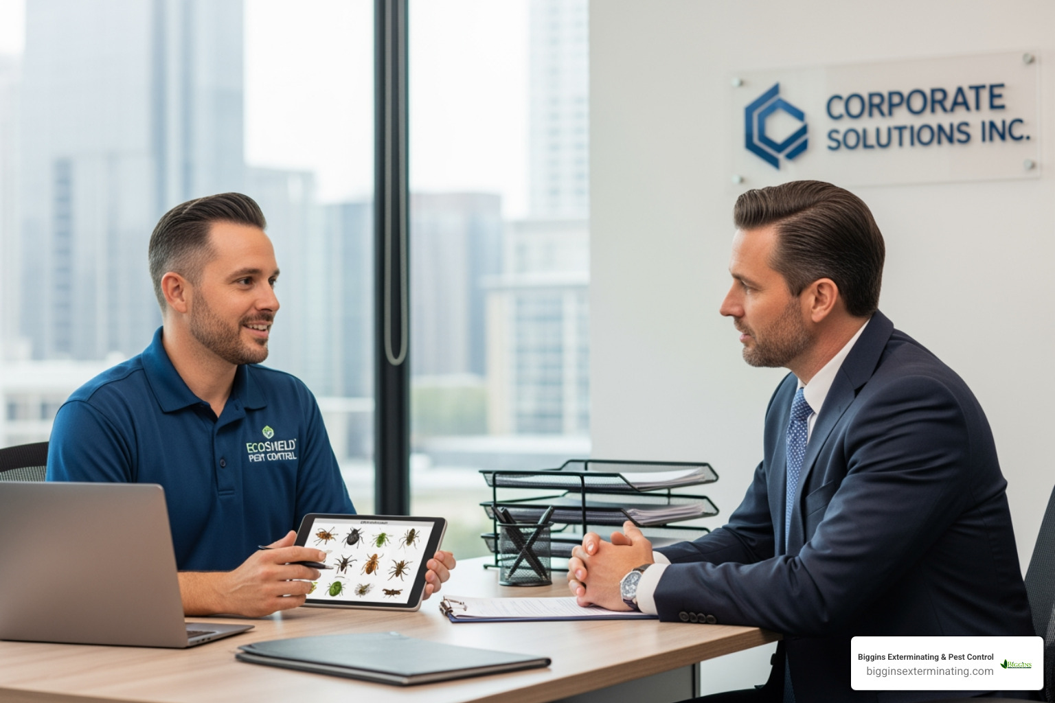 Image of a friendly technician speaking with a business manager. - commercial pest control woburn ma