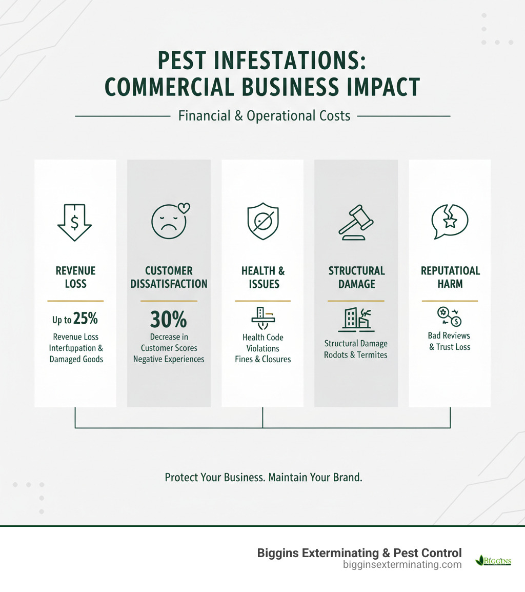 Infographic showing the financial impact of pest infestations on commercial businesses: up to 25% revenue loss from business interruption and damaged inventory, 30% decrease in customer satisfaction scores, health code violations leading to fines and closures, structural damage costs from rodents and termites, and reputational harm from negative reviews - commercial pest control woburn ma infographic 