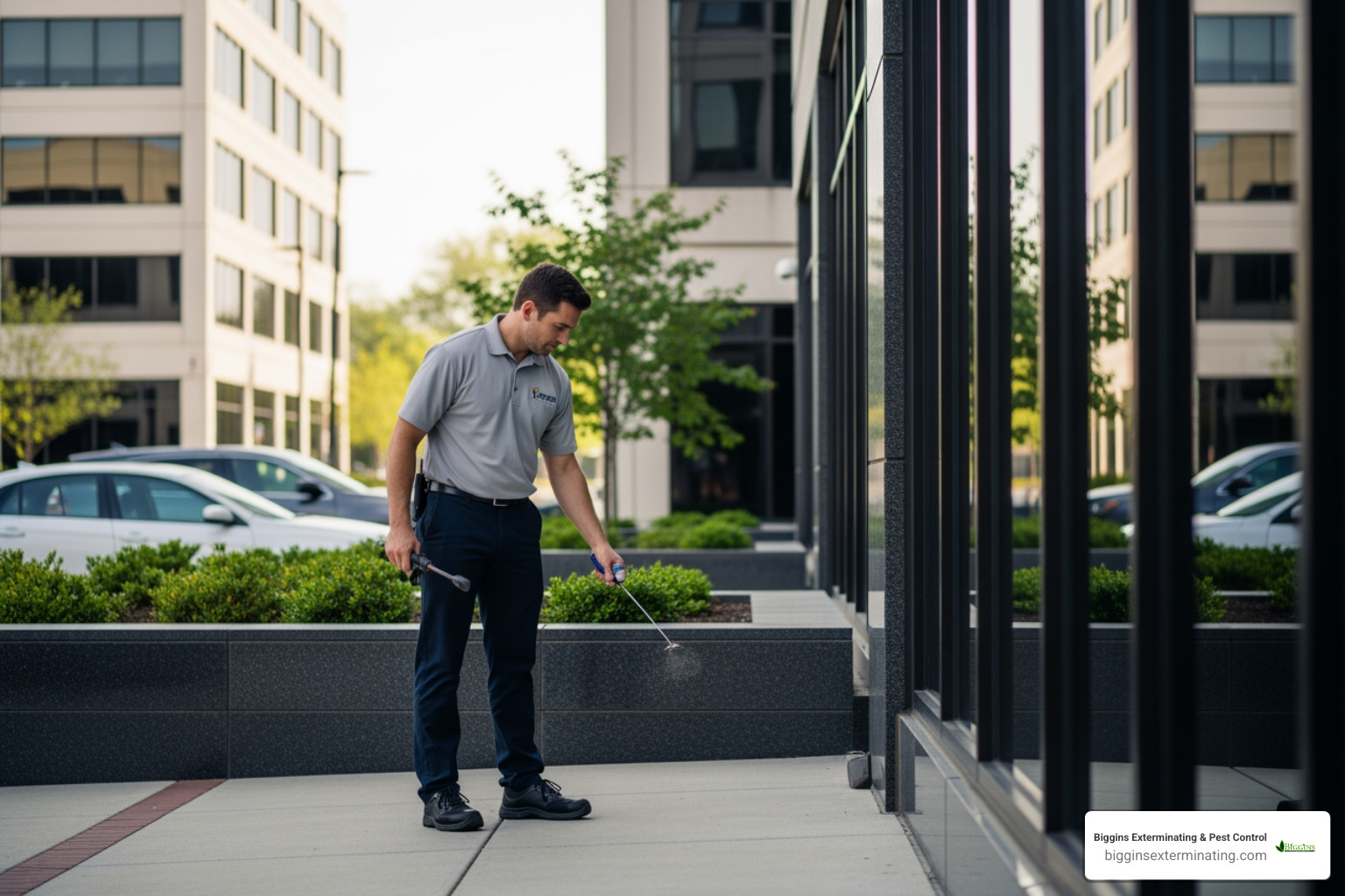 Image of a pest control professional discreetly servicing an office building exterior. - commercial pest control woburn ma