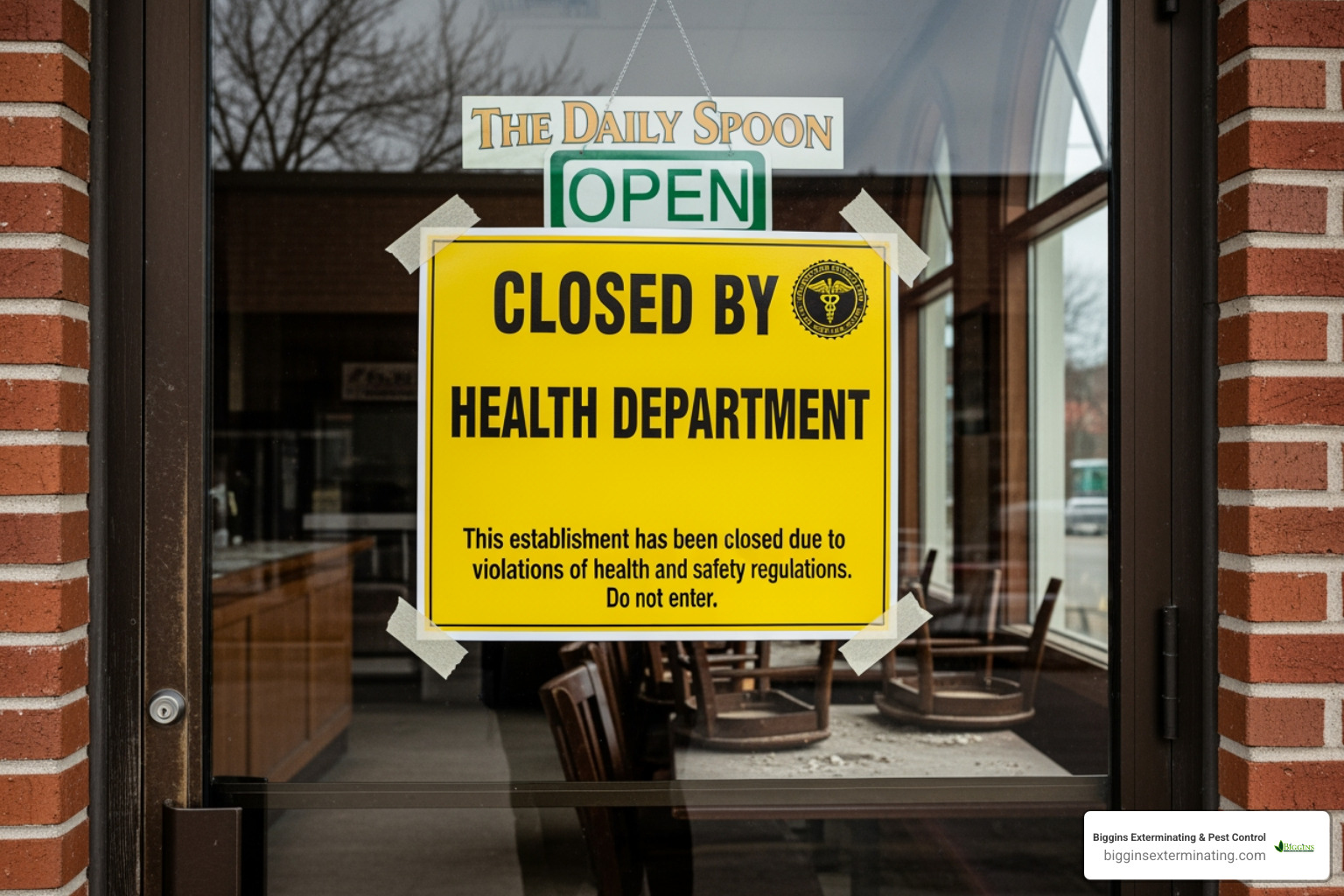 Image of a "Closed by Health Department" sign on a fictional business door. - commercial pest control woburn ma