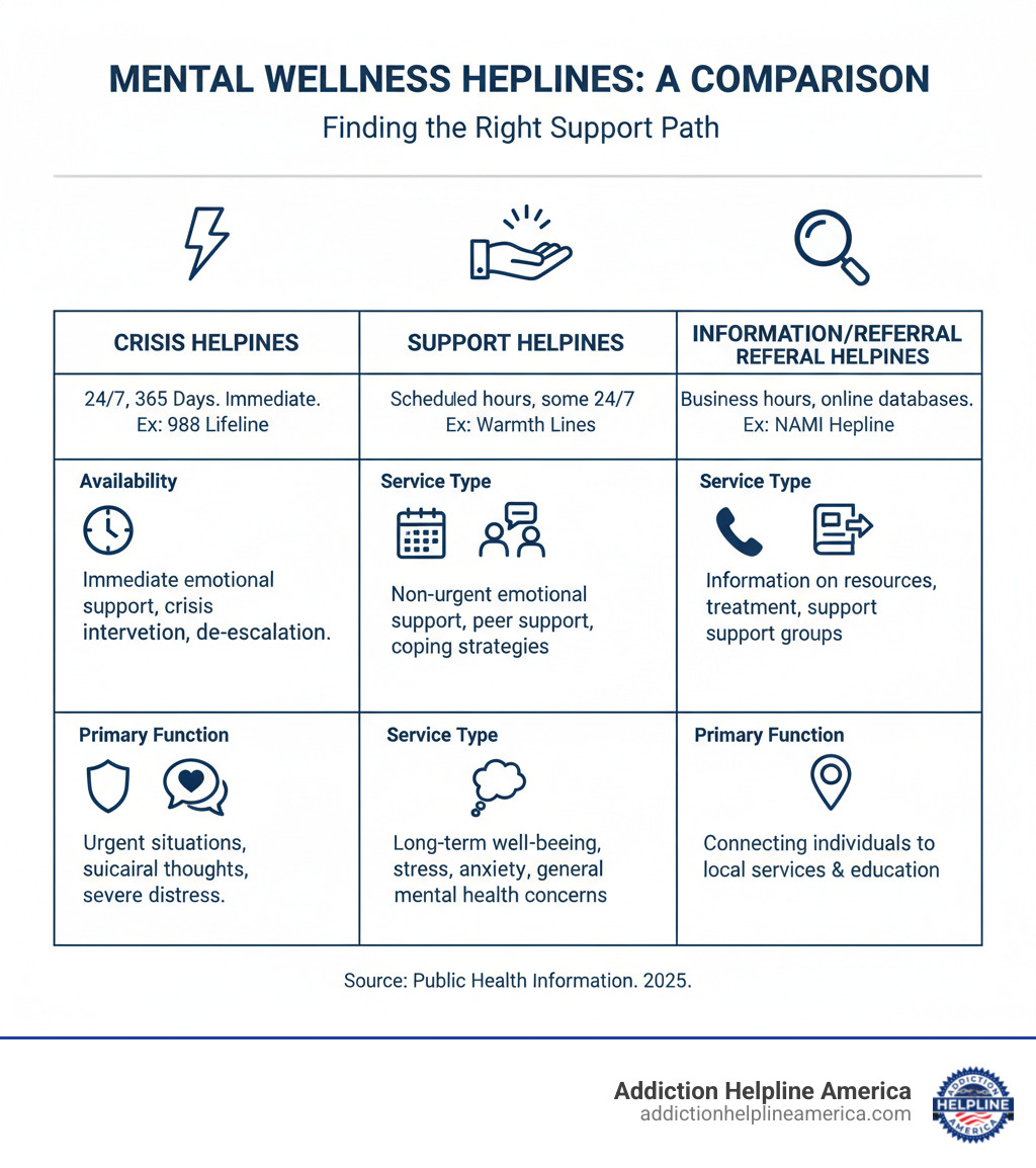Table comparing crisis helplines, support helplines, and information/referral helplines on availability, service type, and primary function - helpline number for mental health infographic Table comparing crisis helplines, support helplines, and information/referral helplines on availability, service type, and primary function - helpline number for mental health infographic