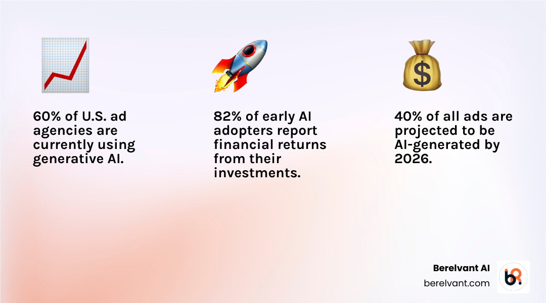 Infographic showing the enterprise adoption curve of generative AI in advertising: 60% of U.S. agencies currently using AI, 86% planning to use it for video ads, 40% of all ads projected to be AI-generated by 2026, 82% of early adopters reporting financial returns, content creators saving 5+ hours weekly, and 85% of AI users employing it for personalization - generative ai advertising infographic 3_facts_emoji_light-gradient