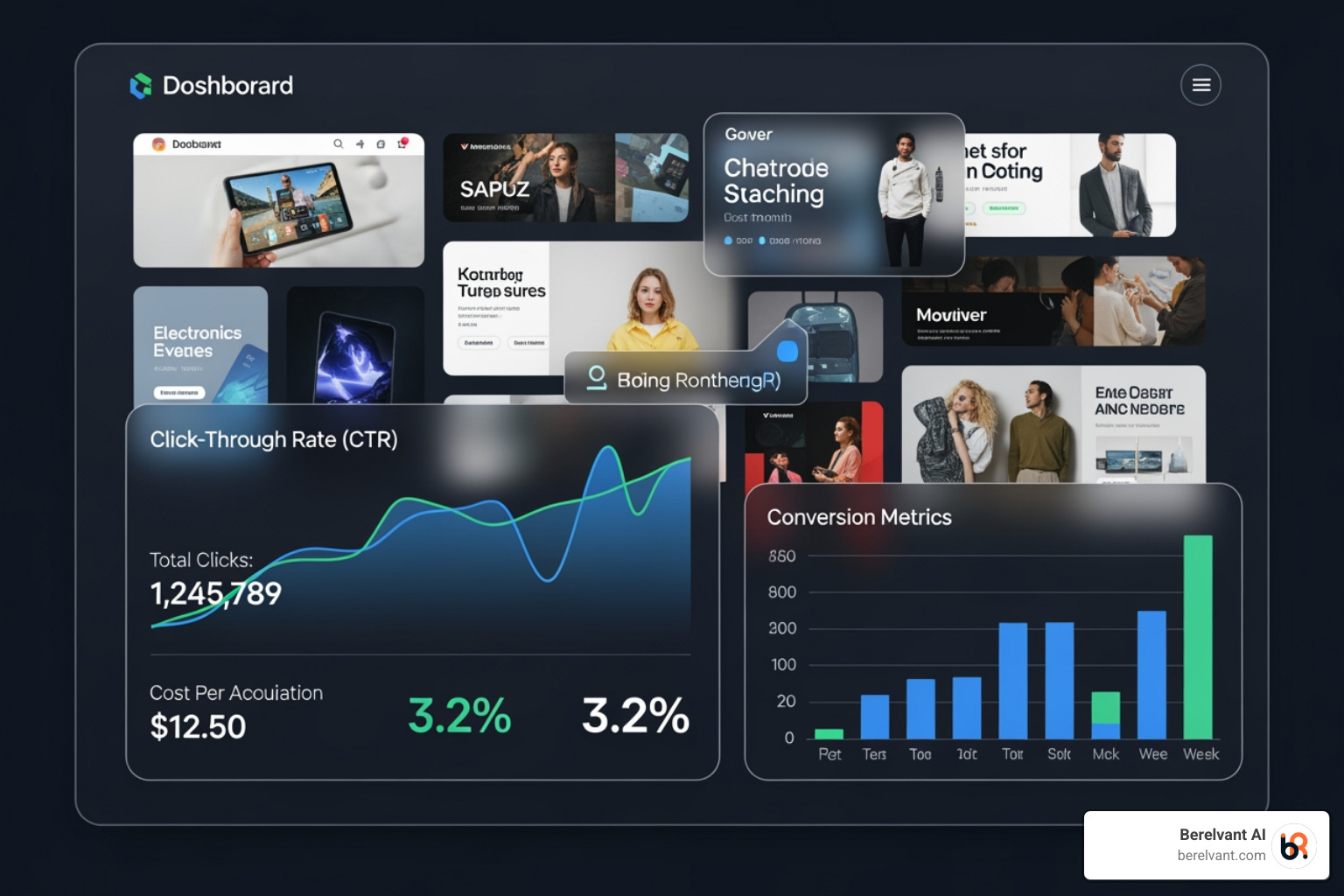 A dashboard showing multiple ad variations generated by AI for different platforms, with metrics like CTR and conversion rates displayed. - generative ai advertising