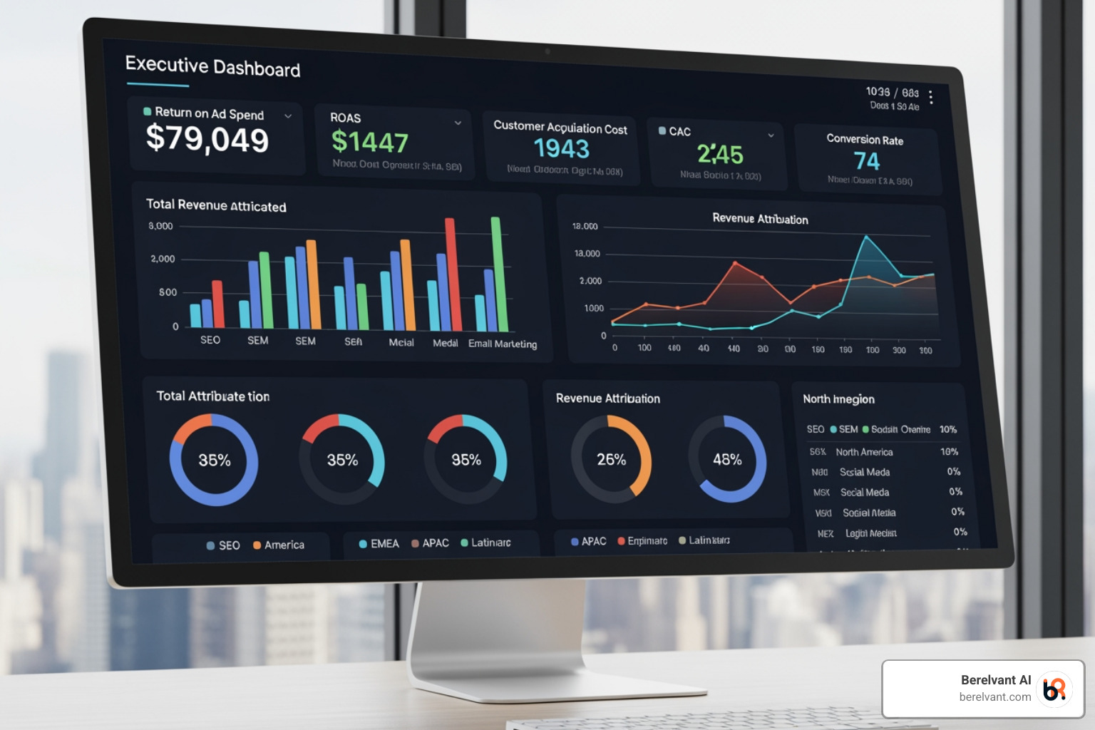 executive dashboard showcasing revenue attribution from PPC campaigns across different regions - ppc management near me