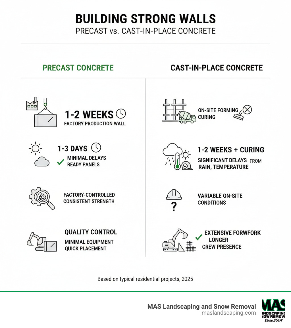 Infographic comparing precast concrete retaining walls versus traditional cast-in-place concrete walls, showing manufacturing timeline (precast: 1-2 weeks factory production vs cast-in-place: on-site forming and curing), installation speed (precast: 1-3 days for typical residential wall vs cast-in-place: 1-2 weeks plus curing time), weather impact (precast: minimal delays, panels arrive ready vs cast-in-place: significant delays from rain, temperature), quality control (precast: factory-controlled environment with consistent strength testing vs cast-in-place: variable on-site conditions), and site disruption (precast: minimal equipment, quick placement vs cast-in-place: extensive formwork, mixing equipment, longer crew presence) - precast concrete retaining wall panels infographic 