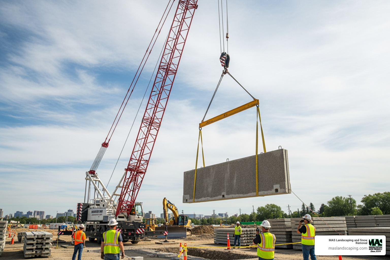 crane lifting a large precast concrete panel into place on a construction site - precast concrete retaining wall panels