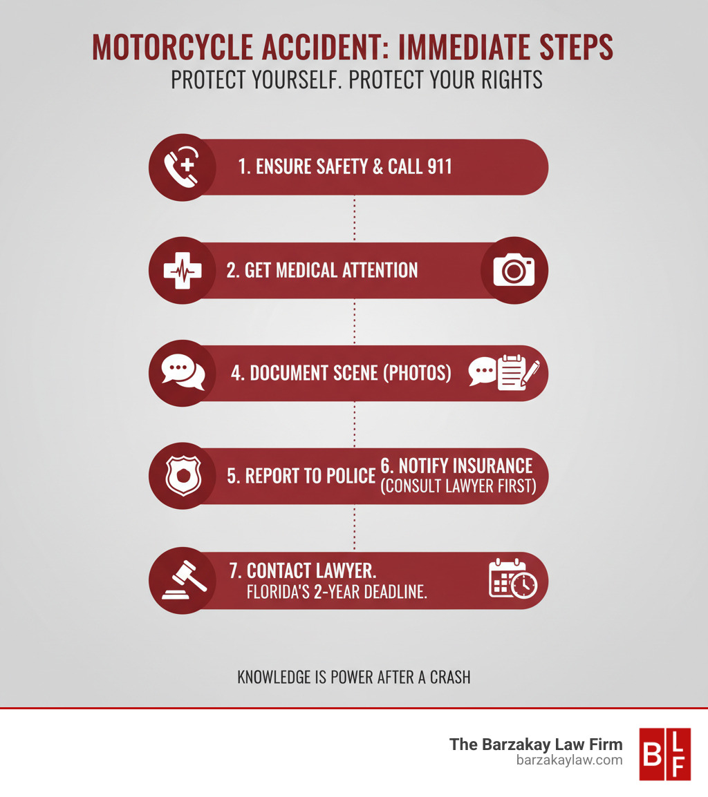 Infographic showing immediate steps after a motorcycle accident: 1. Ensure safety and call 911, 2. Get medical attention immediately, 3. Document the scene with photos, 4. Collect witness information, 5. Report to police, 6. Notify insurance but consult lawyer first, 7. Contact a motorcycle accidents lawyer within Florida's 2-year deadline - motorcycle accidents lawyer infographic 