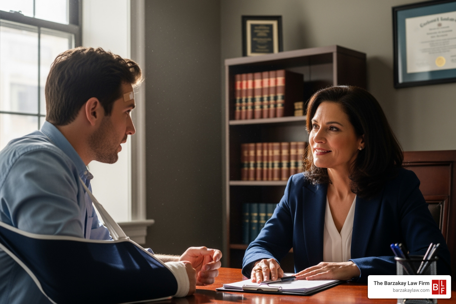 lawyer compassionately consulting injured client - motorcycle accidents lawyer