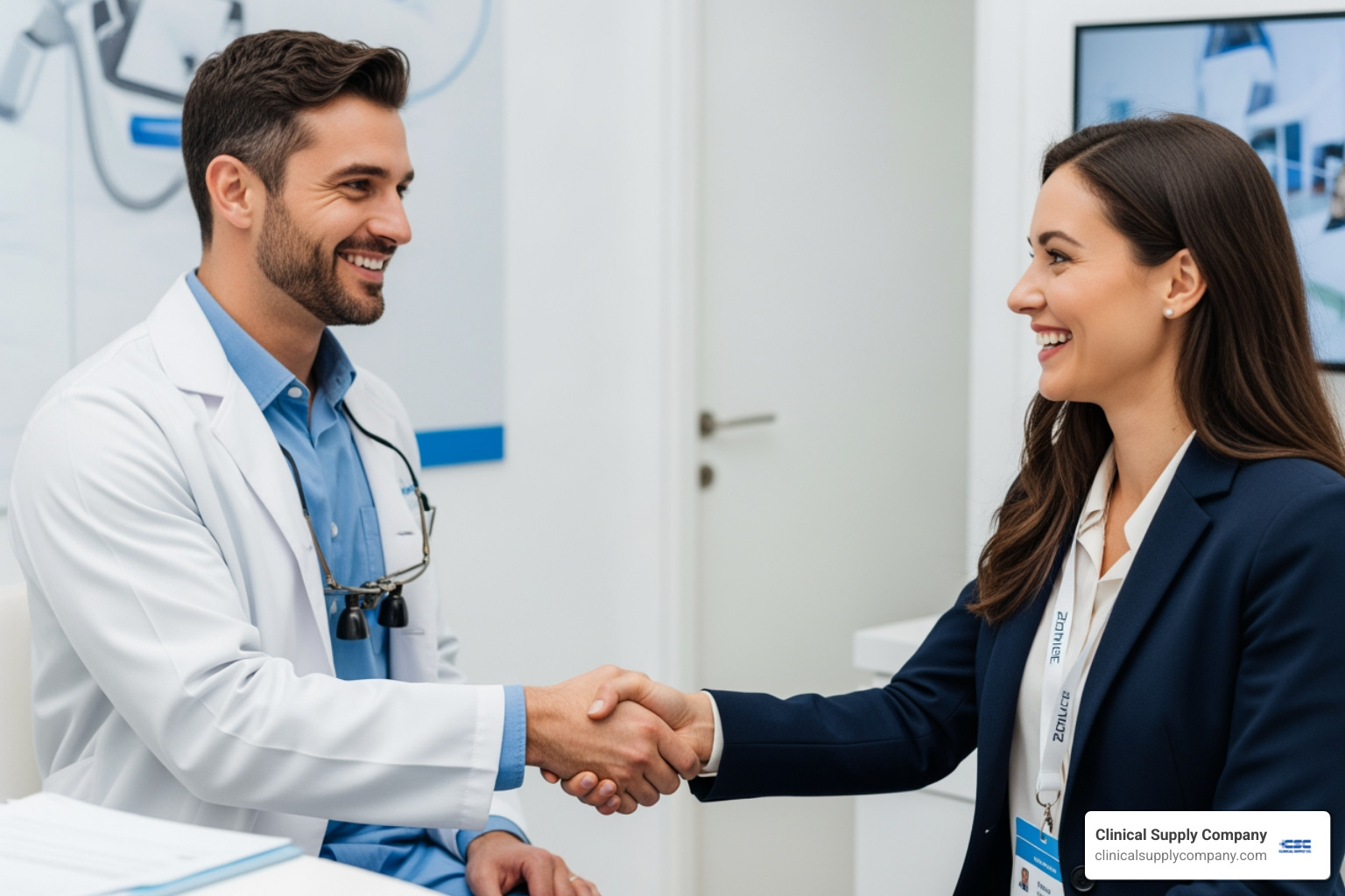 dentist shaking hands with sales representative - reduce dental supply costs