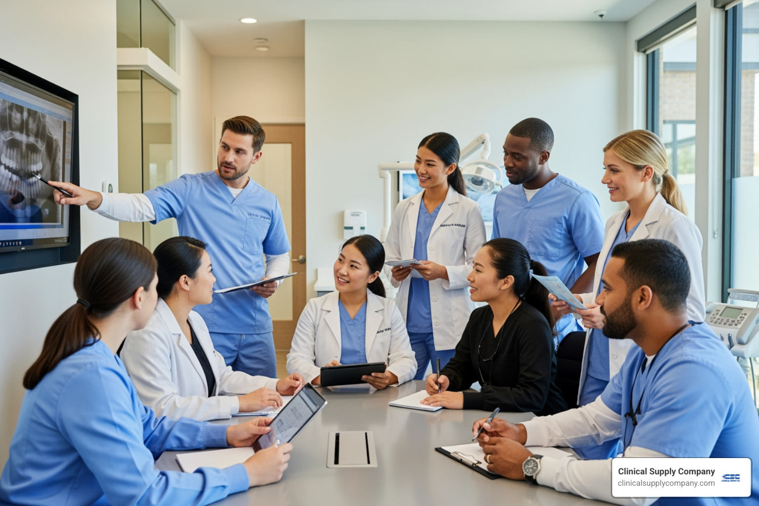 dental team having a brief meeting - reduce dental supply costs