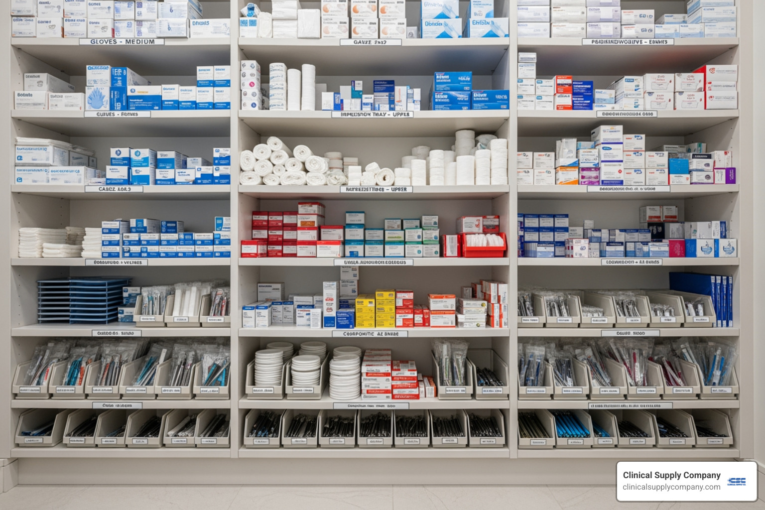 neatly organized central supply closet with clear labels - reduce dental supply costs
