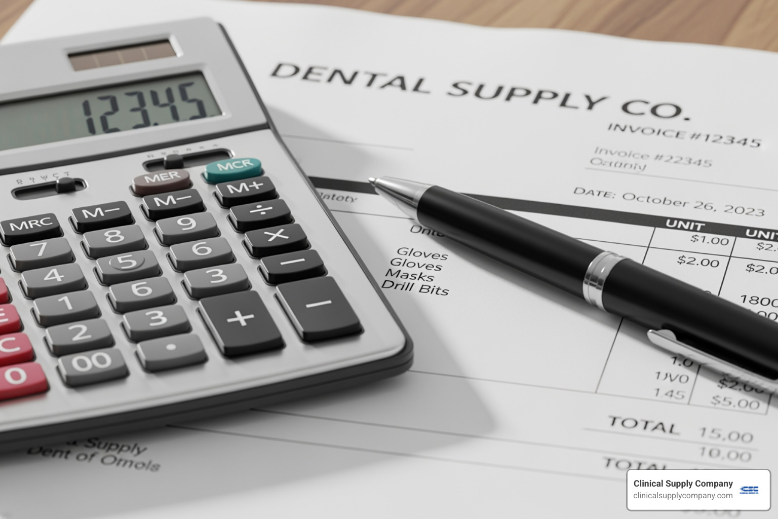 calculator and pen on dental supply invoice - reduce dental supply costs