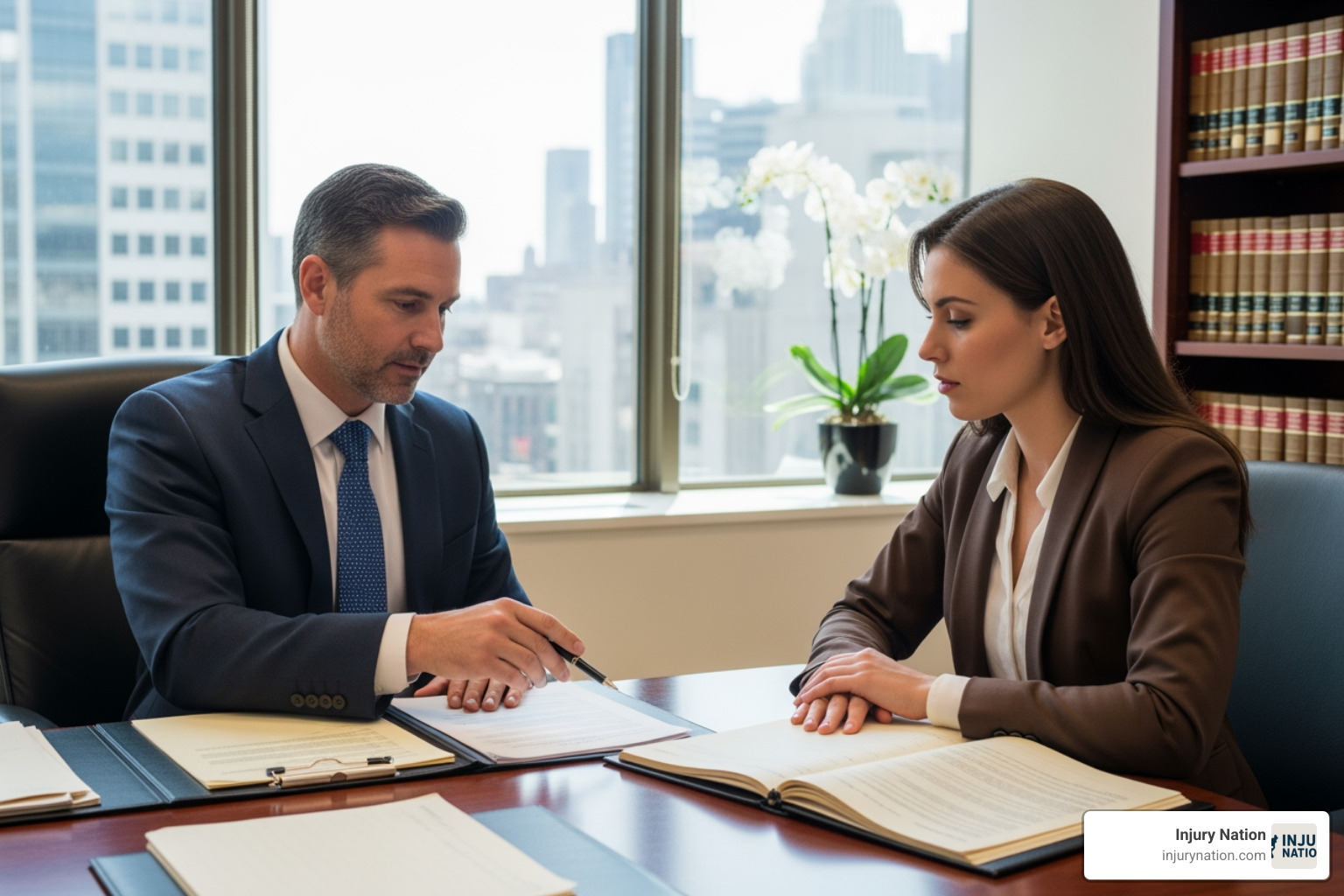 lawyer meeting with client in office - which injury law firms near me handle car accident cases
