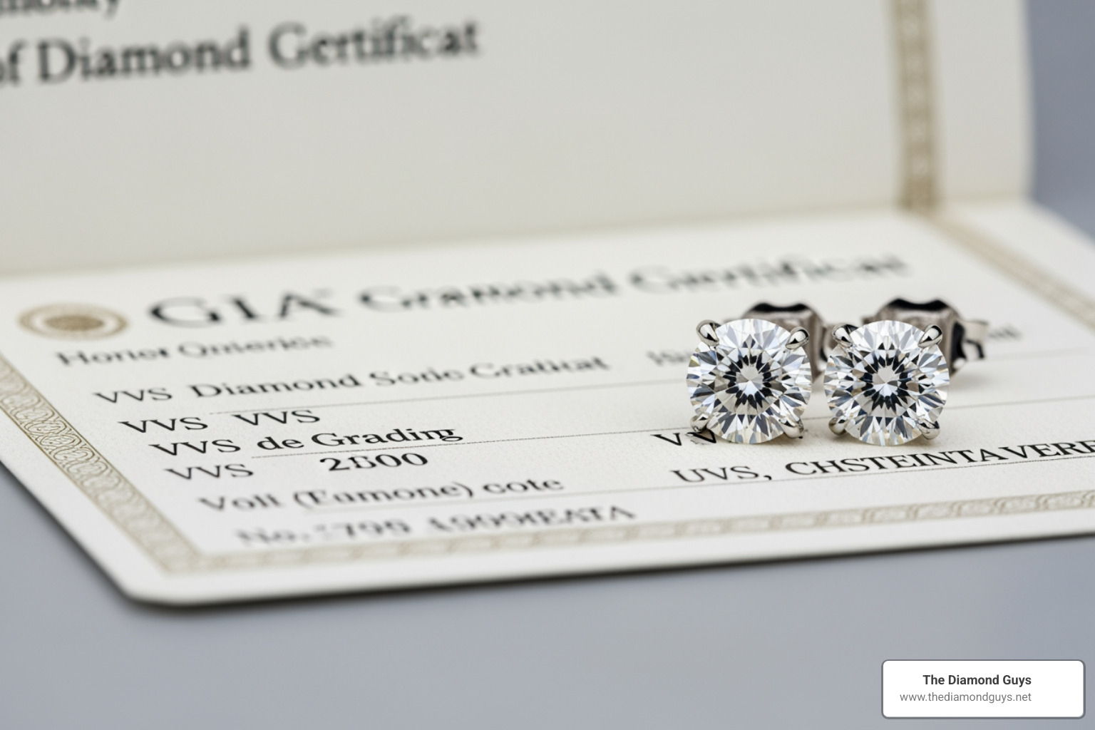 GIA certificate next to a pair of VVS diamond earrings - vvs earrings men