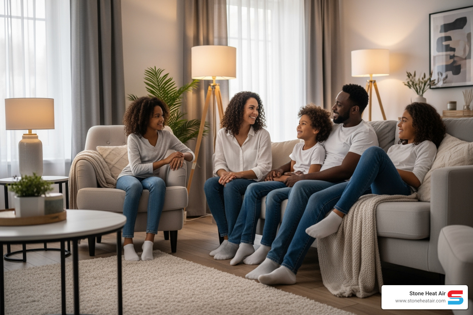 family enjoying comfortable living room ashland home - premium heat pump installation in ashland or