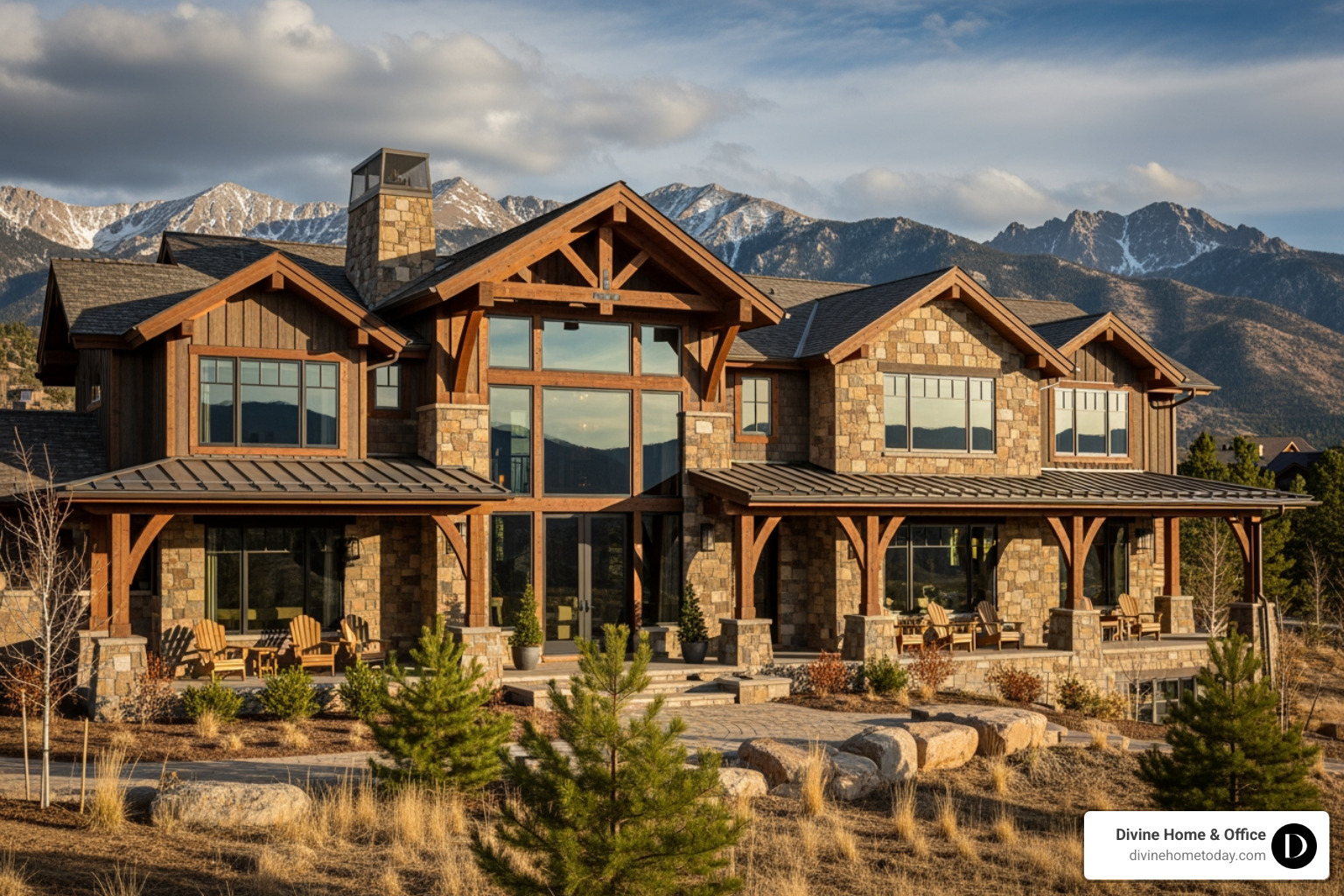 Million-dollar Colorado mountain home exterior with timber and stone facade, large windows, warm natural lighting, modern-rustic lodge style, set against the Denver foothills or Rocky Mountain backdrop. - staged homes