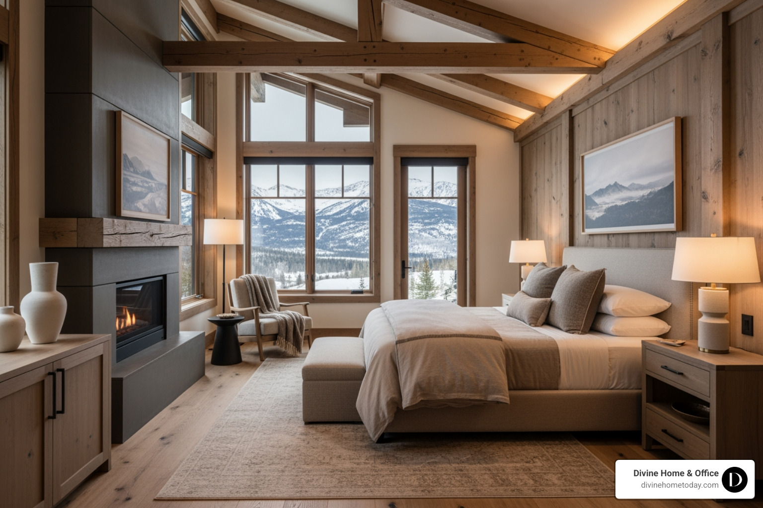 Rustic-modern Colorado luxury bedroom with timber beams, natural fabrics, warm wood tones, mountain views through large windows, soft ambient light, high-end finishes, styled and serene. - staged homes