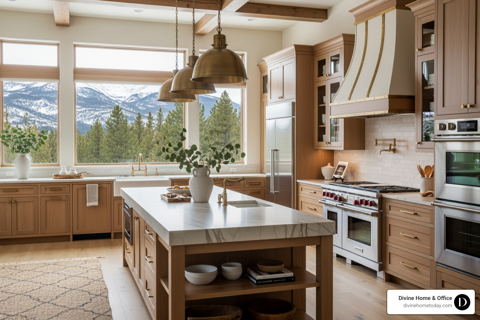 High-end modern mountain kitchen in a million-dollar Denver home, stone countertops, custom wood cabinetry, brass hardware, exposed beams, natural textures, large windows with Colorado mountain views, bright natural lighting, clean styled space, warm neutral palette. - staged homes