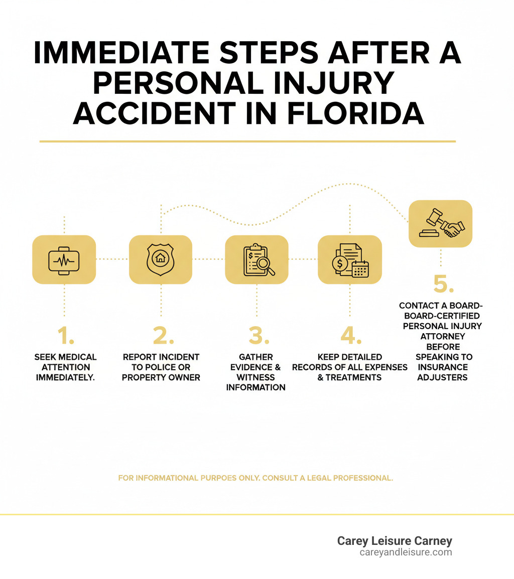 Infographic showing 5 immediate steps after a personal injury accident in Florida: 1. Seek medical attention immediately, 2. Report the incident to police or property owner, 3. Gather evidence and witness information, 4. Keep detailed records of all expenses and treatments, 5. Contact a board-certified personal injury attorney before speaking to insurance adjusters - clearwater injury lawyers infographic 