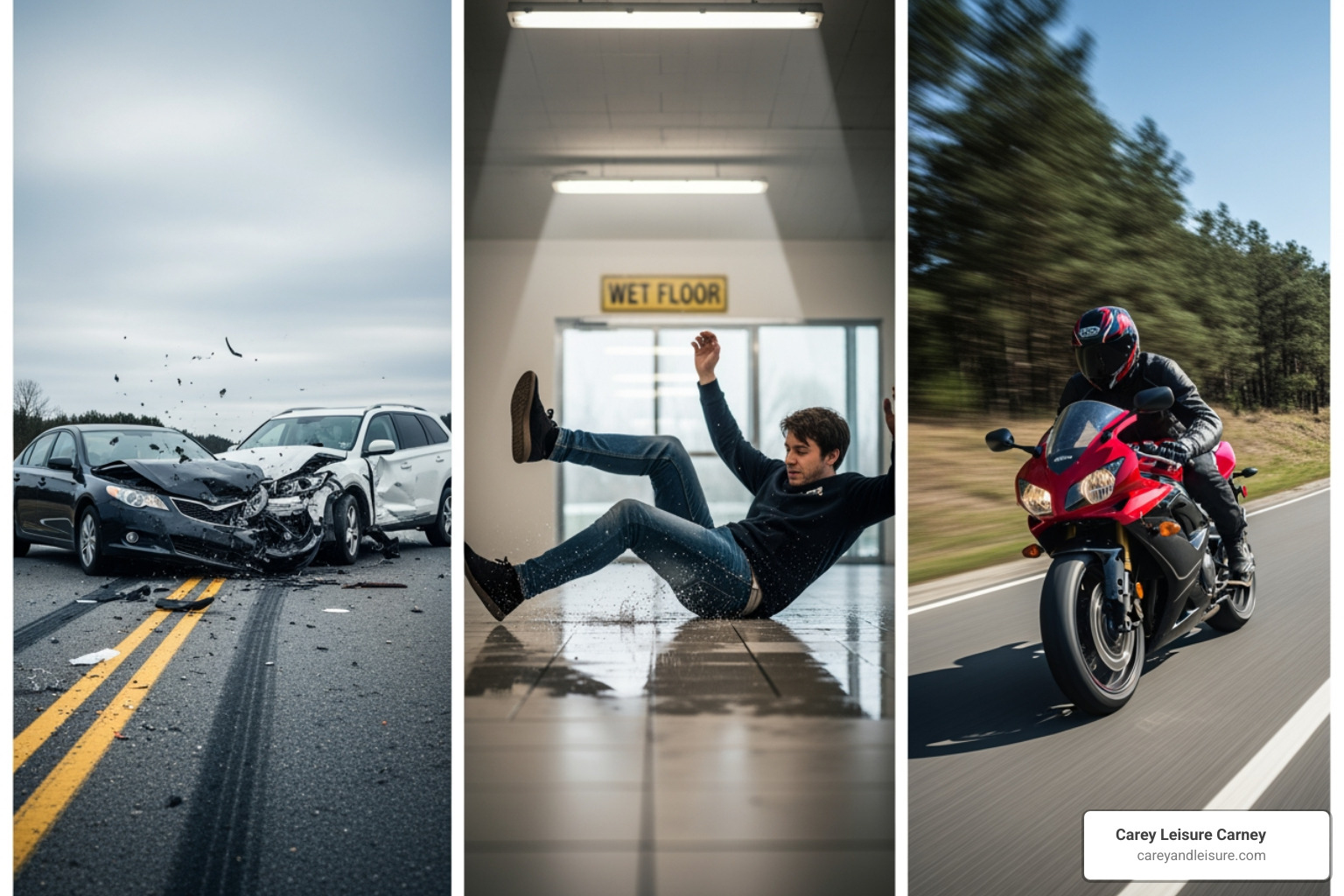 multi-panel graphic showing a car crash, a slip and fall, and a motorcycle - clearwater injury lawyers