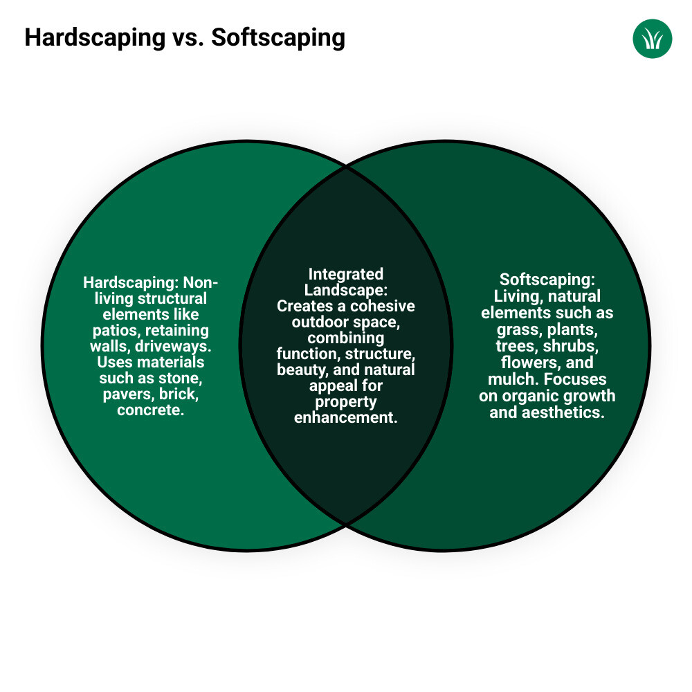 Infographic showing the difference between hardscaping and softscaping: Hardscaping includes non-living elements like patios, walkways, retaining walls, driveways, fire pits, and outdoor kitchens made from materials such as stone, pavers, brick, and concrete. Softscaping includes living elements like grass, plants, trees, shrubs, flowers, and mulch. A well-designed landscape integrates both for function, structure, beauty, and natural appeal. - Hardscape Contractor infographic venn_diagram Infographic showing the difference between hardscaping and softscaping: Hardscaping includes non-living elements like patios, walkways, retaining walls, driveways, fire pits, and outdoor kitchens made from materials such as stone, pavers, brick, and concrete. Softscaping includes living elements like grass, plants, trees, shrubs, flowers, and mulch. A well-designed landscape integrates both for function, structure, beauty, and natural appeal. - Hardscape Contractor infographic venn_diagram