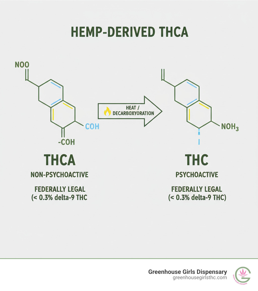 infographic showing the chemical structure of THCA with a carboxyl group, an arrow indicating heat/decarboxylation, and the resulting THC molecule, with labels explaining that THCA is non-psychoactive while THC is psychoactive, and both molecules' federal legal status under the 0.3% rule - hemp derived THCA infographic 