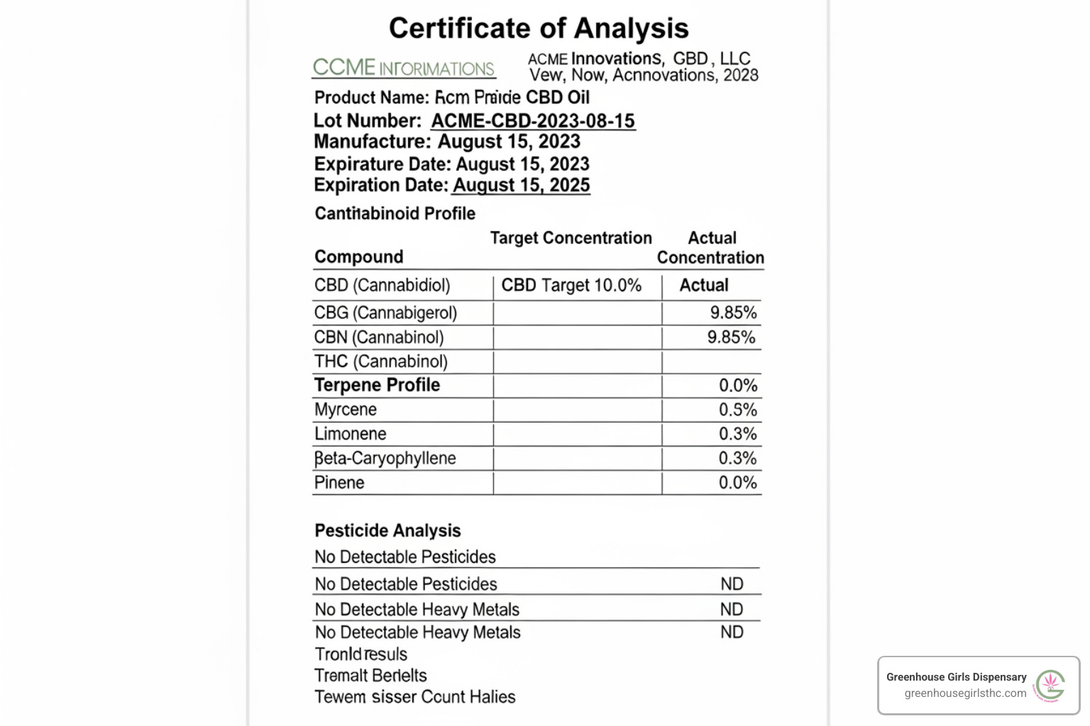 A sample Certificate of Analysis with key sections highlighted - hemp derived THCA