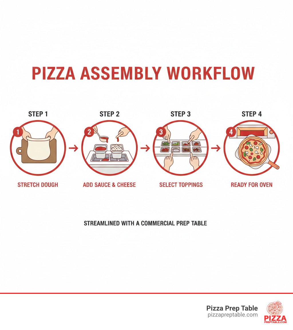infographic showing pizza assembly workflow: step 1 shows hands stretching dough on cutting board, step 2 shows adding sauce and cheese from refrigerated base storage, step 3 shows selecting toppings from refrigerated rail pans above, step 4 shows completed pizza ready for oven - Commercial pizza prep table infographic 