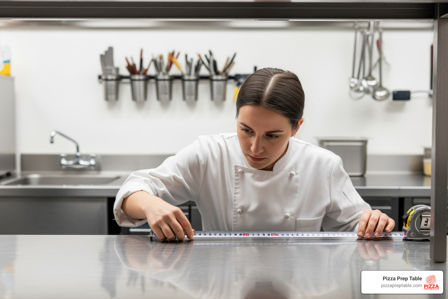 person measuring space in a kitchen for a new prep table - Commercial pizza prep table