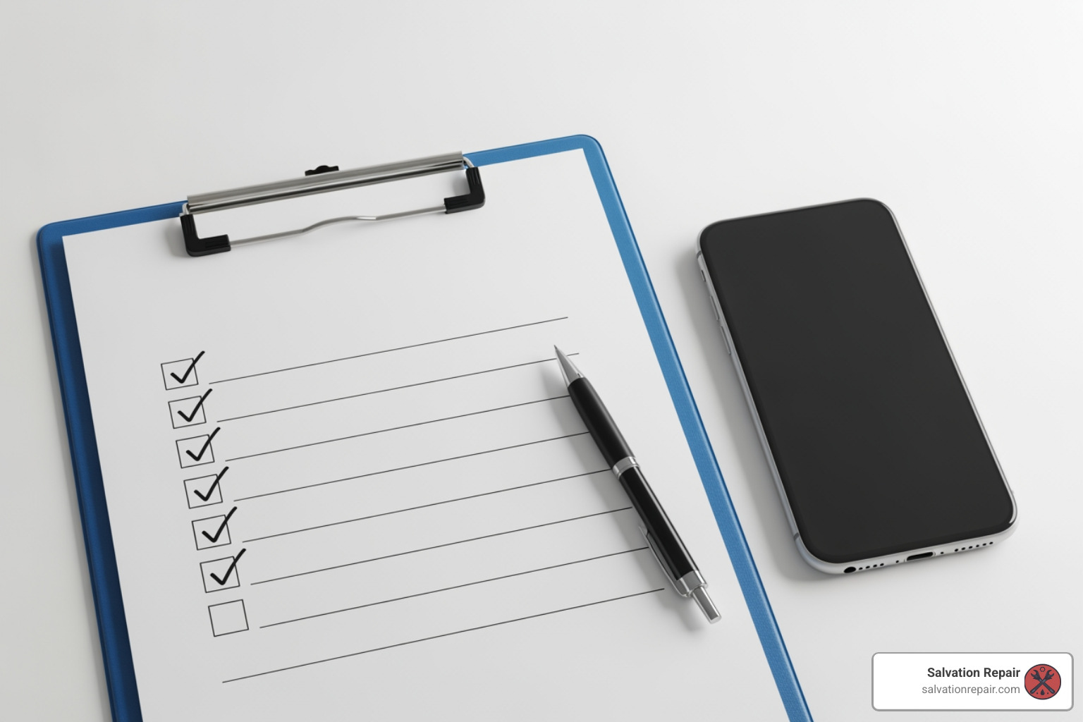 checklist on clipboard next to a smartphone - phone screen repair stores checklist on clipboard next to a smartphone - phone screen repair stores