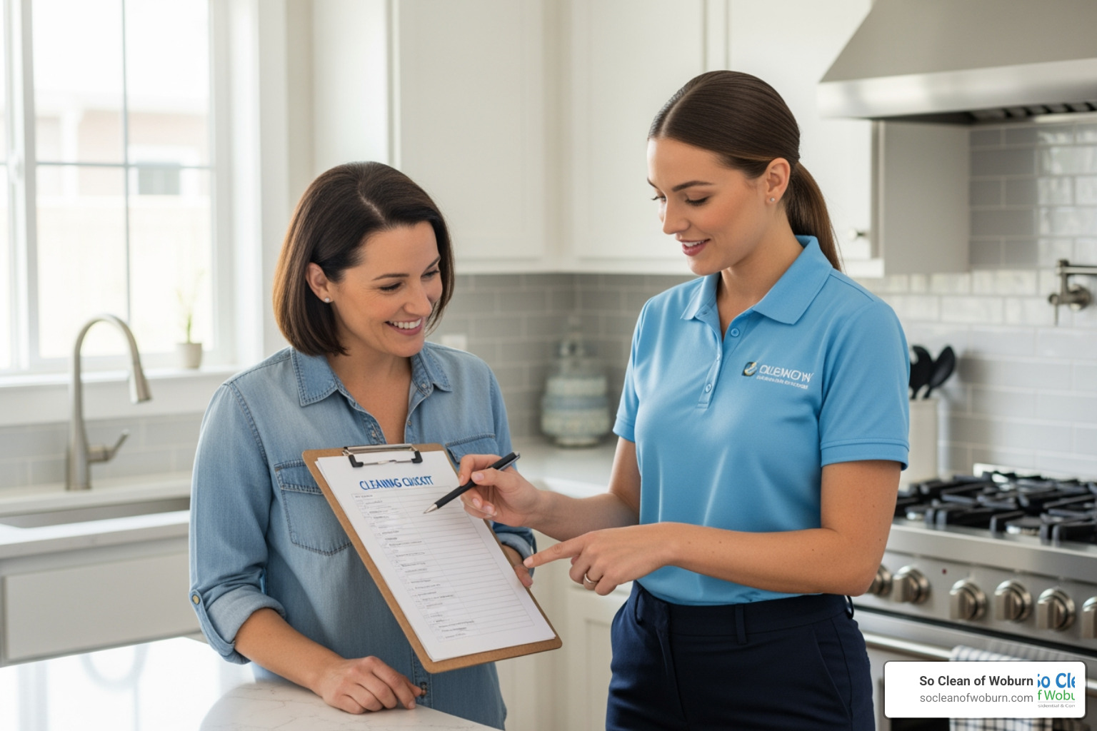 friendly cleaner discussing a checklist with a homeowner - cleaning services somerville ma