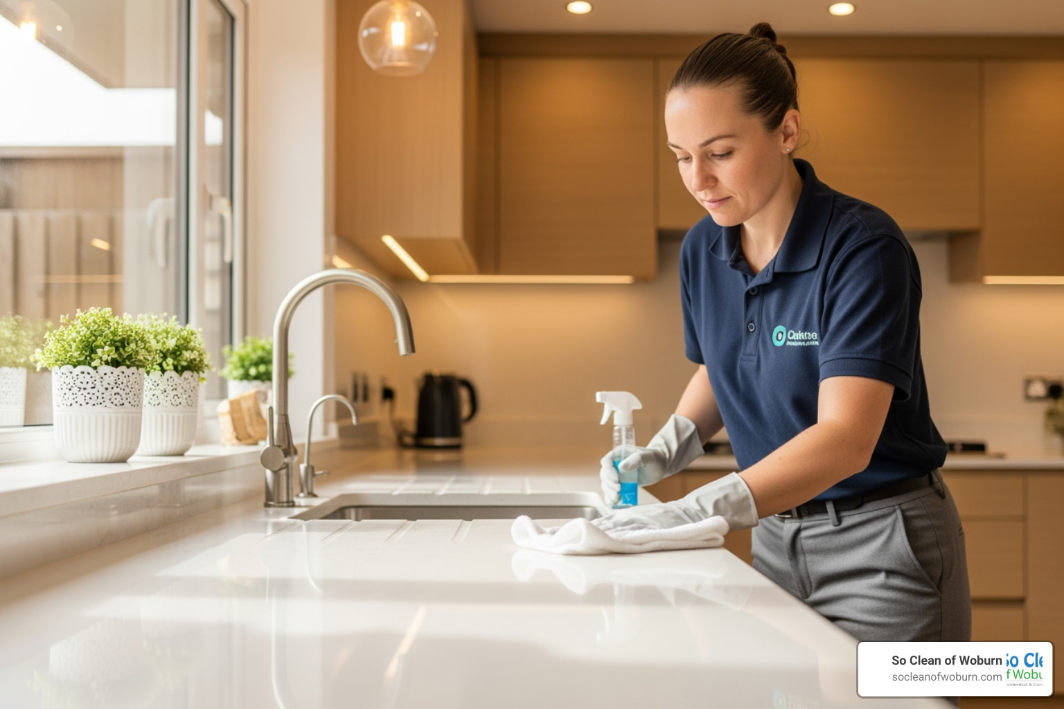 professional cleaner wiping down a modern kitchen counter - cleaning services somerville ma