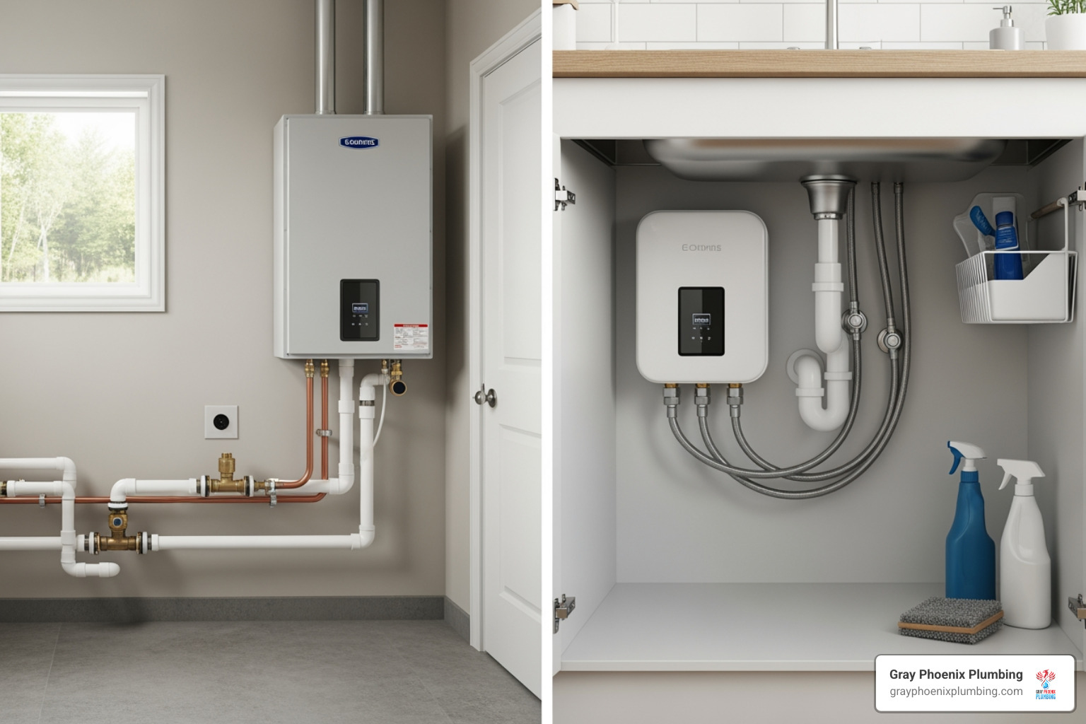 illustrating the difference between a whole-home setup and a point-of-use unit under a sink - electric instantaneous hot water service