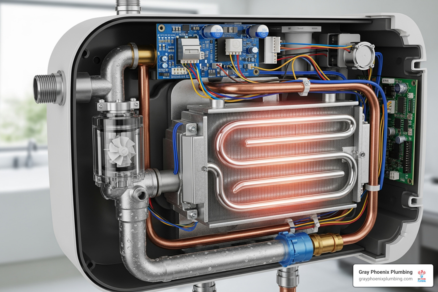 internal components of an electric tankless water heater - electric instantaneous hot water service
