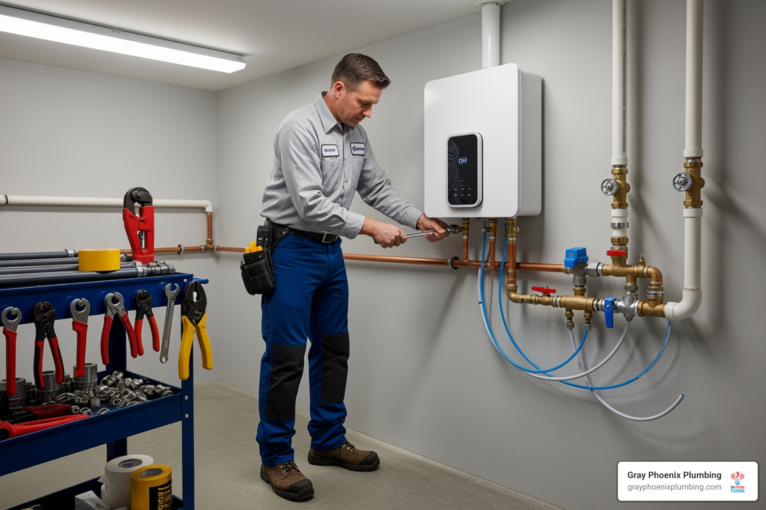 a professional plumber installing an electric tankless unit - electric instantaneous hot water service