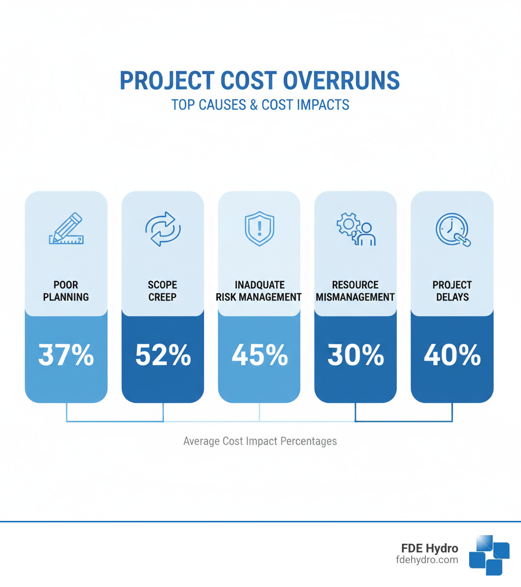 infographic showing top causes of project cost overruns: poor planning 37%, scope creep 52%, inadequate risk management, resource mismanagement, and project delays with corresponding cost impact percentages - project cost reduction infographic 