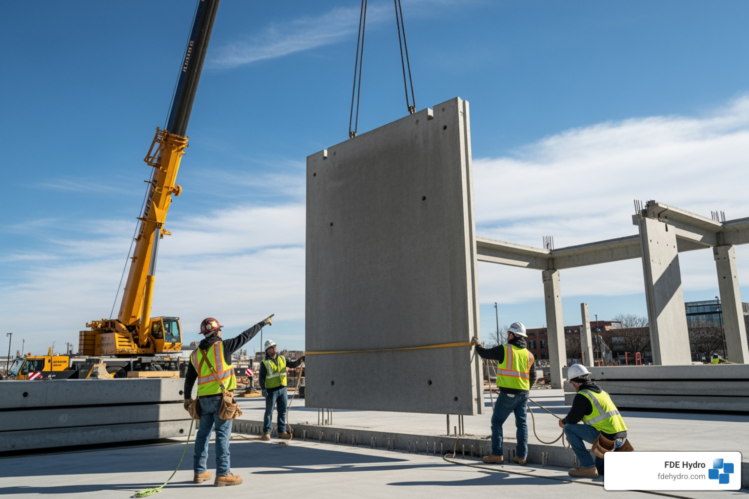 modular precast concrete elements being lowered into place on a construction site - project cost reduction