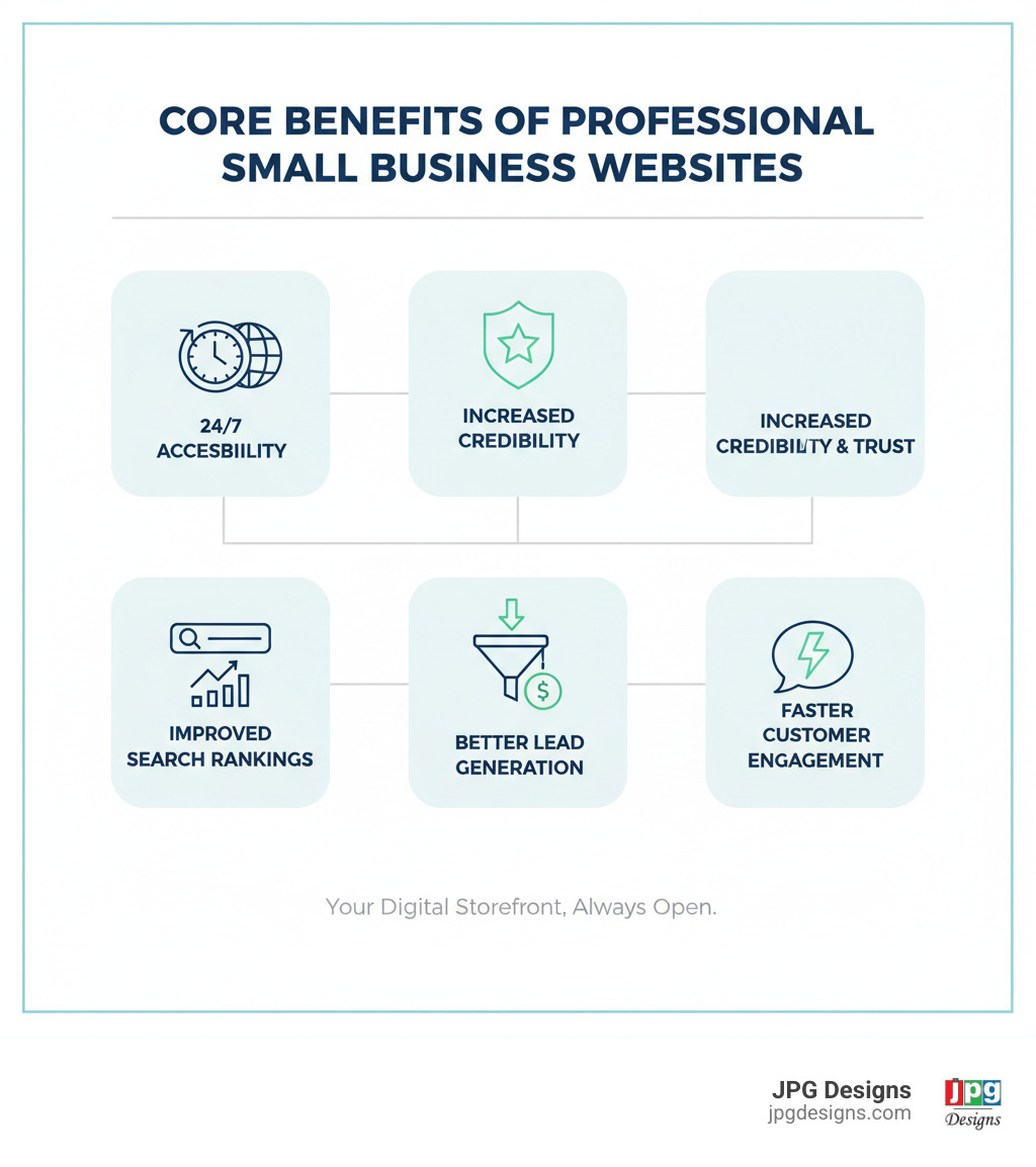 infographic showing core benefits of professional small business websites including 24/7 accessibility, increased credibility and trust, better lead generation, improved search rankings, and faster customer engagement - website development for small business affordable web design services infographic 
