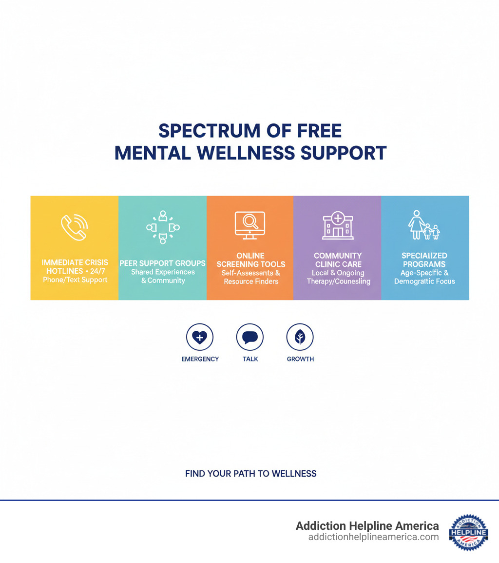 infographic showing spectrum of free mental health support from immediate crisis hotlines to ongoing community clinic care, peer support groups, online screening tools, and specialized programs for different age groups - free mental health infographic infographic showing spectrum of free mental health support from immediate crisis hotlines to ongoing community clinic care, peer support groups, online screening tools, and specialized programs for different age groups - free mental health infographic