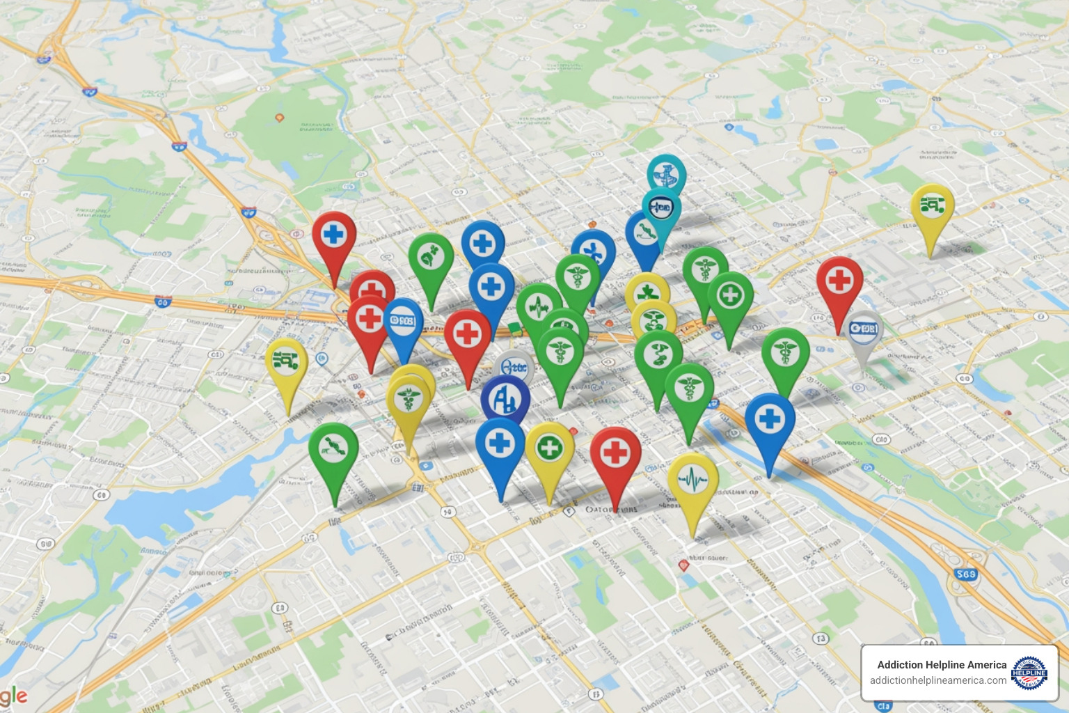 map with location pins representing clinics - free mental health map with location pins representing clinics - free mental health