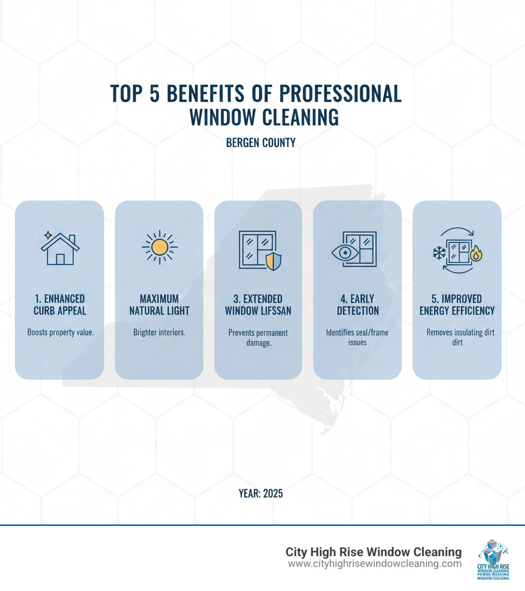 Infographic showing the top 5 benefits of professional window cleaning in Bergen County: 1) Enhanced curb appeal and property value, 2) Maximum natural light penetration, 3) Extended window lifespan through prevention of permanent damage, 4) Early detection of seal failures and frame issues, 5) Improved energy efficiency by removing insulating dirt buildup - bergen county window cleaning infographic Infographic showing the top 5 benefits of professional window cleaning in Bergen County: 1) Enhanced curb appeal and property value, 2) Maximum natural light penetration, 3) Extended window lifespan through prevention of permanent damage, 4) Early detection of seal failures and frame issues, 5) Improved energy efficiency by removing insulating dirt buildup - bergen county window cleaning infographic