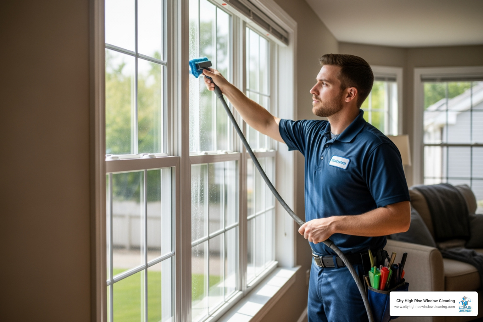 Uniformed technician cleaning a large window in a Bergen County home - bergen county window cleaning Uniformed technician cleaning a large window in a Bergen County home - bergen county window cleaning
