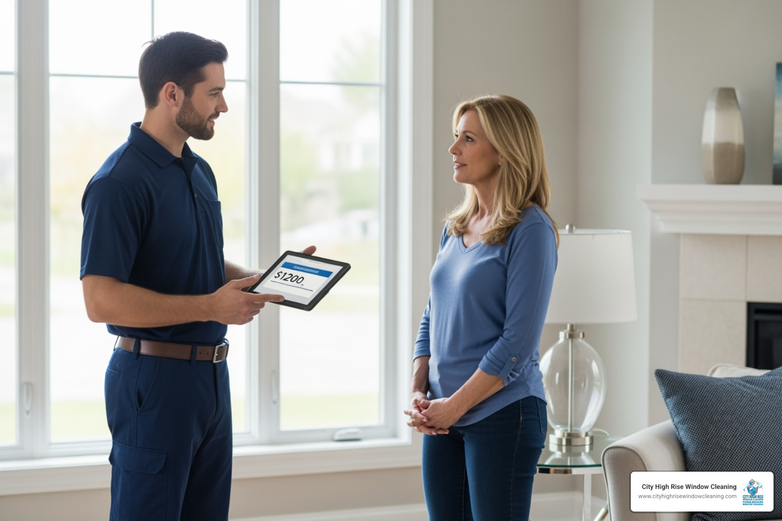 Technician using a tablet to provide a quote to a Bergen County homeowner - bergen county window cleaning Technician using a tablet to provide a quote to a Bergen County homeowner - bergen county window cleaning