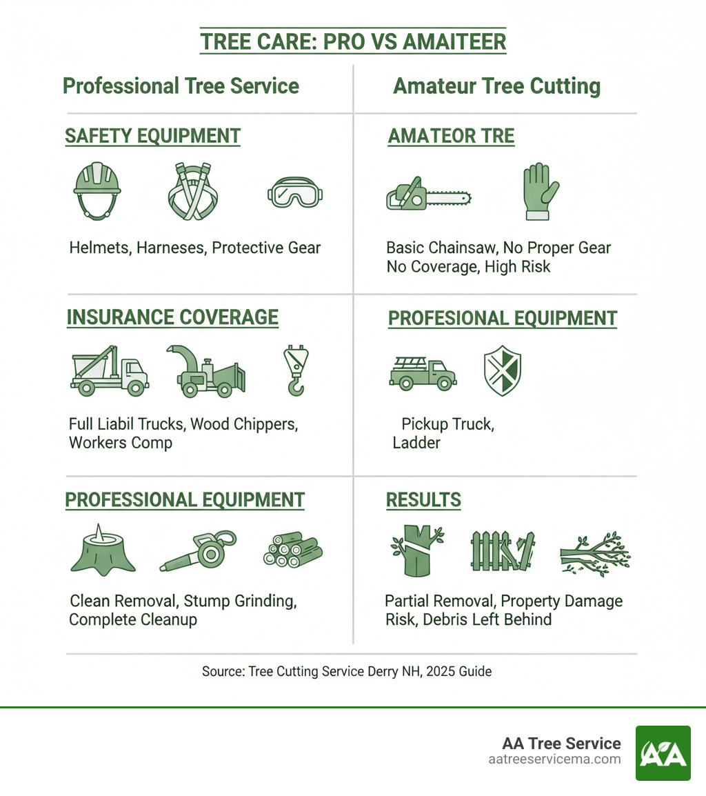 infographic showing comparison between professional tree service and amateur tree cutting, with four categories: Safety Equipment (helmets, harnesses, protective gear vs basic chainsaw), Insurance Coverage (full liability and workers comp vs no coverage), Professional Equipment (bucket trucks, wood chippers, cranes vs pickup truck and ladder), and Results (clean removal, stump grinding, complete cleanup vs partial removal, property damage risk, debris left behind) - tree cutting service derry nh infographic 